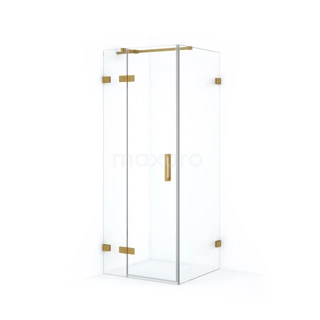 Glasene Duschkabine mit goldenen Details, Eckdesign, moderner Badezimmerstil, ideal für ein luxuriöses Duscherlebnis.