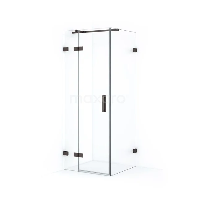 Glas Duschkabine mit Eckeinstieg, Schwarz metallischen Akzenten und minimalistischem Design, perfekt für ein modernes Badezimmer.