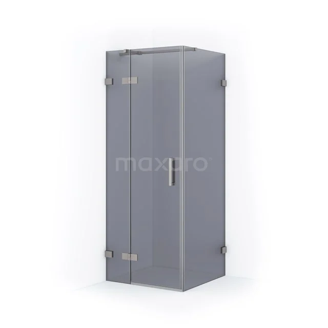 Grey glass shower enclosure with chrome hinges, minimalist design, perfect for a modern bathroom.