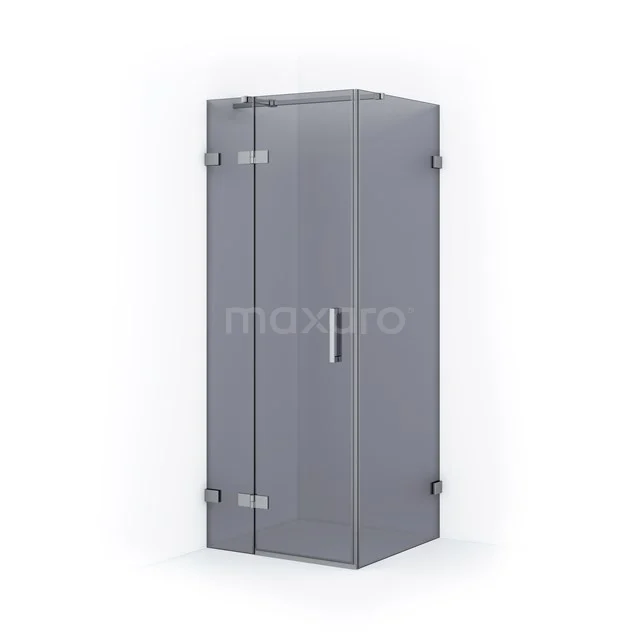 Graue Eck-Duschkabine mit Glastüren und metallenen Scharnieren, ideal für ein modernes Badezimmer.