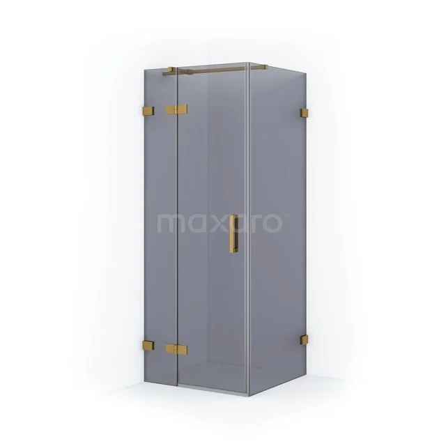 Grey shower enclosure with gold details, sleek design, ideal for a modern bathroom style.