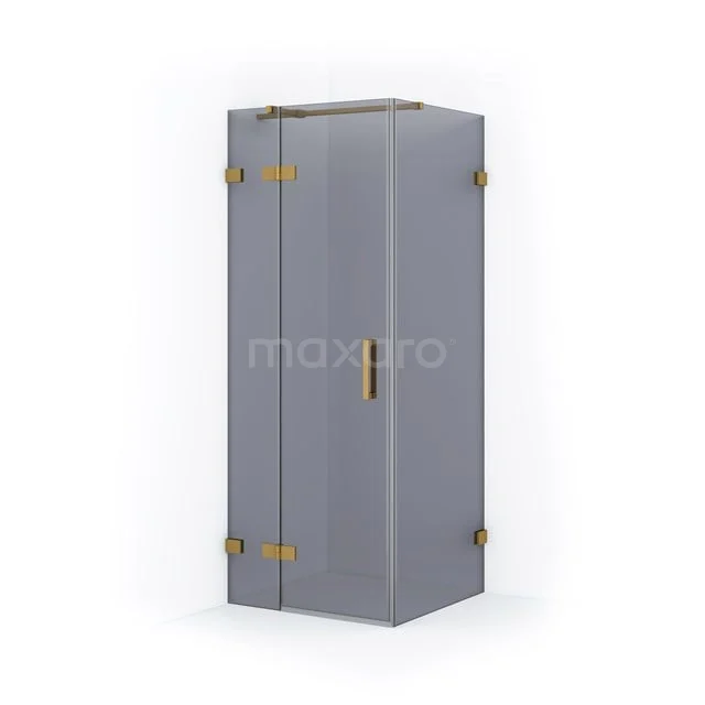 Graue Duschkabine mit goldenen Details, schlankes Design, ideal für einen modernen Badezimmerstil.