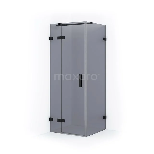 Grey, angular shower enclosure with frosted glass doors and black hinges; stylish addition to modern bathrooms.