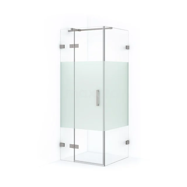 Shower enclosure with frosted glass detail and chrome hinges, sleek design, ideal for a modern bathroom.