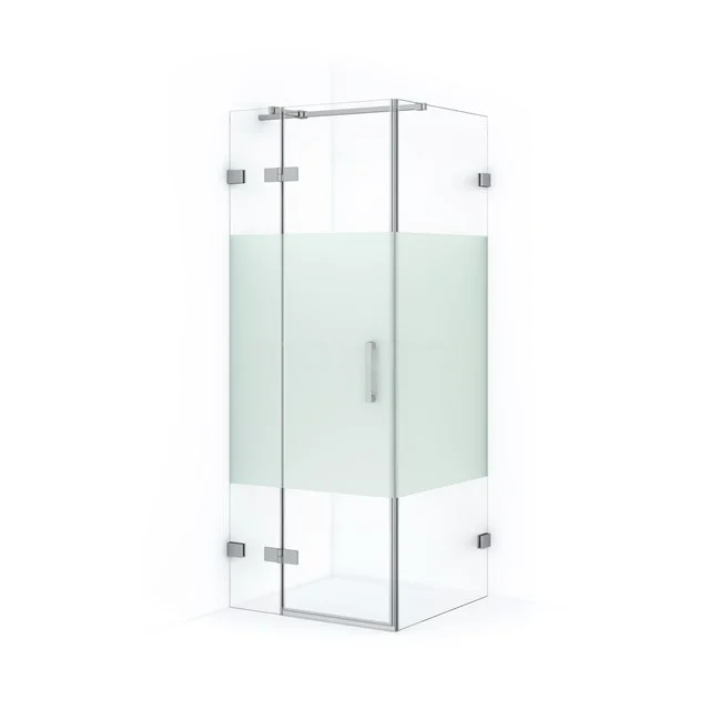 Glass shower enclosure with frosted glass panel, silver corner profiles and pivot door, perfect for modern bathrooms.