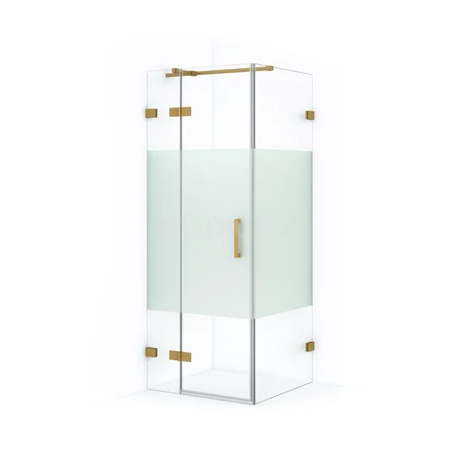 Glas Duschkabine mit mattgläsernem Privatsphäre-Streifen, goldenen Akzenten und schickem Design, perfekte Ergänzung zu einem modernen Badezimmer.