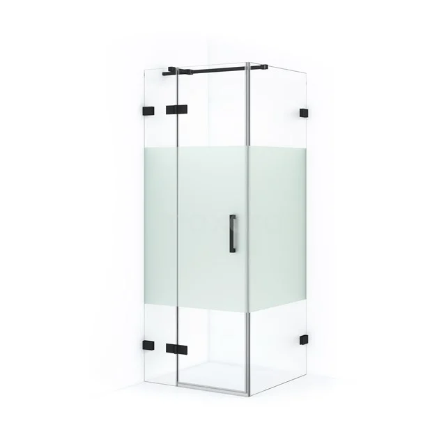Modern glass shower enclosure with frosted decor strip, black metal accents, suitable for luxury bathroom design.