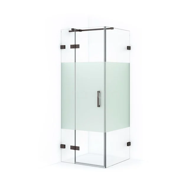 Eck-Duschkabine mit mattem Glasstreifen, quadratisches Design, metallene Scharniere, ideal für moderne Badezimmerrenovierung.