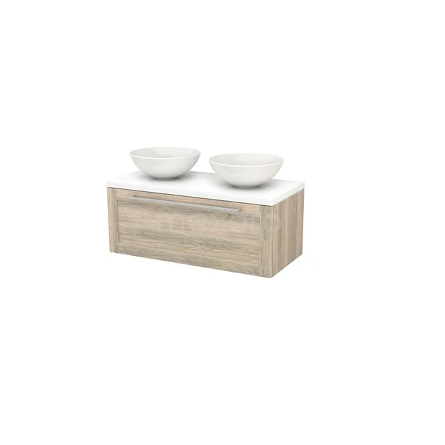Wooden Bathroom unit with natural Oak look, white Basin worktop and double round basins, ideal for a modern bathroom.