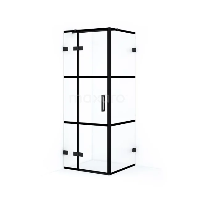 Duschkabine Diamond 80x80cm aus klarem Sicherheitsglas mit schwarzen Streifen Matt Schwarz CDB213508328MB Schwarze industrielle Duschkabine mit Glaspanelen und Scharnieren, ideal für ein modernes Badezimmer.