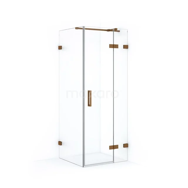 Glass shower enclosure with gold hinges, rectangular design, ideal for a modern bathroom style.