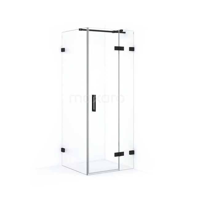 Glass shower enclosure with black hinges, sleek design, ideal for modern bathrooms.