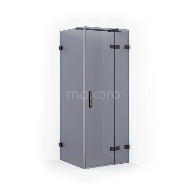 Grey shower enclosure with black accents, collapsible glass doors, ideal for a modern bathroom.
