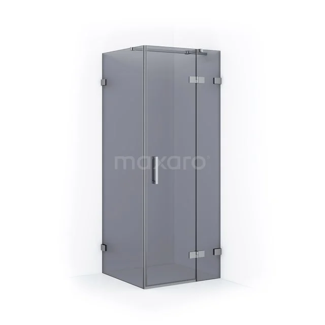 Grey shower enclosure with corner step, glass doors and metal hinges, ideal for modern bathroom design.