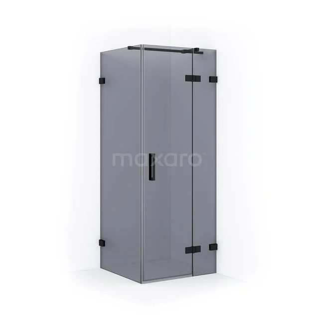 Grey aluminium shower enclosure with frosted glass, sleek design and black accents, ideal for modern bathrooms.