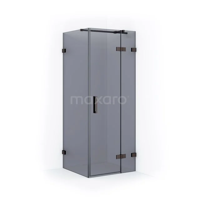 Graue Eck-Duschkabine mit satiniertem Glas und schwarzen Aluminiumprofilen, ideal für einen modernen Badezimmerstil.