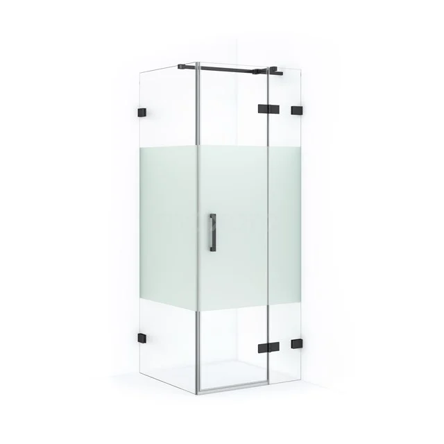 Glass shower enclosure with matte white stripes, rectangular design, metal accents; stylish solution for any bathroom.