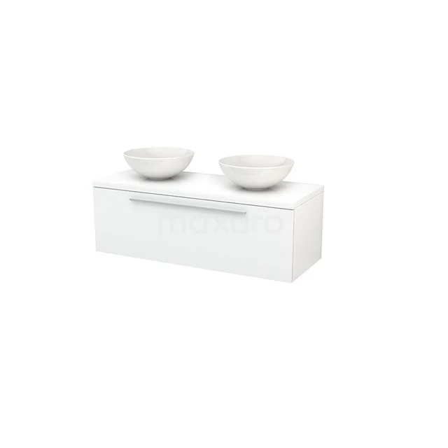 White bathroom cabinet with two modern ceramic countertop wash basins, sleek design, ideal for stylish bathroom design.