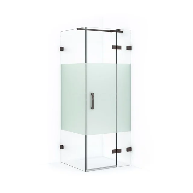 Glass corner shower with frosted glass, square design and sliding door; modern chrome frame for bathroom style.