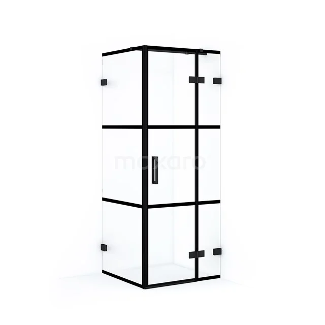 Schwarze Eck-Duschkabine mit Glaswänden und matt schwarzem Rahmen, ideal für einen modernen Badezimmerstil.