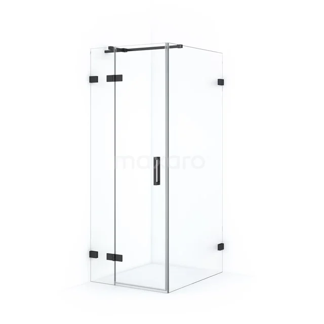 Glass shower enclosure with corner doors and black accents, perfect for a modern bathroom.
