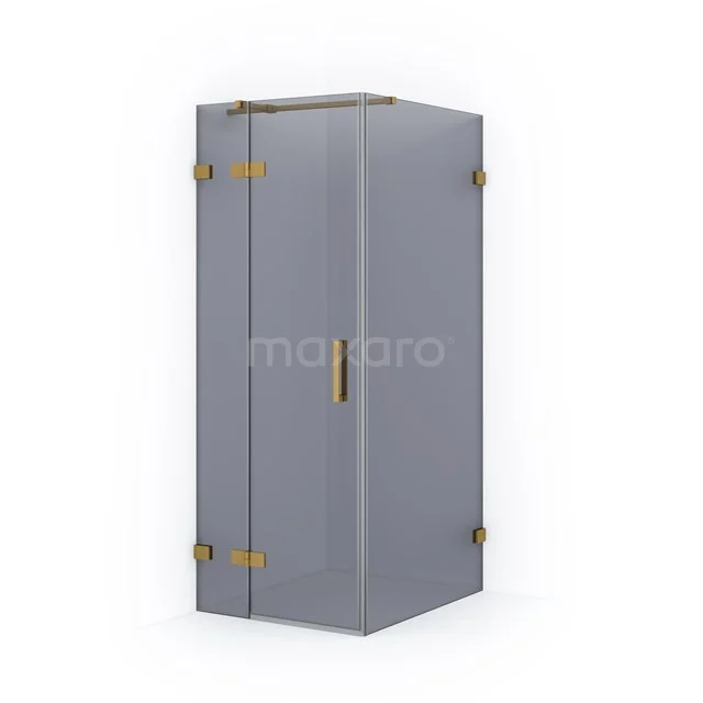 Grey glass shower screen with gold-coloured hinges, modern design for bathroom, stylish and functional.