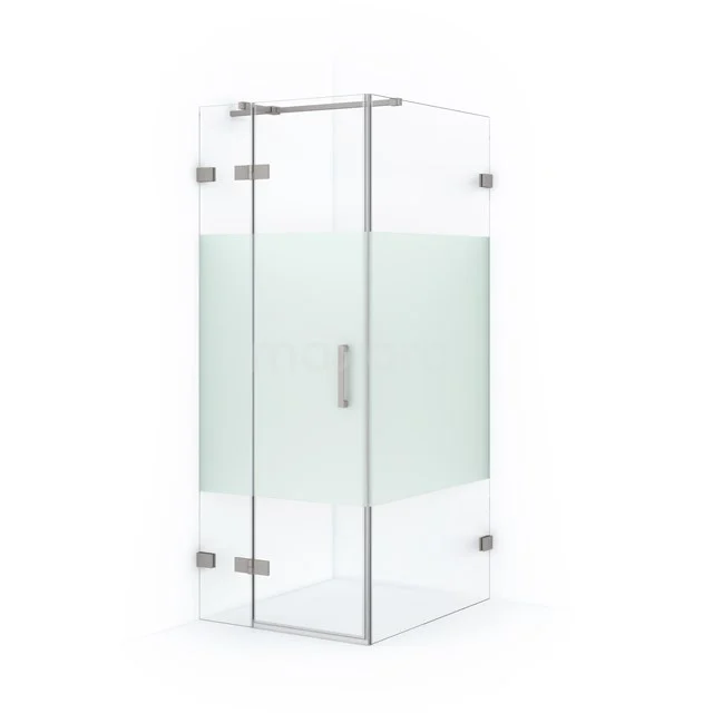 Glass corner shower cabin with matte white central panel, sleek stainless steel hinges and minimalist design for modern bathrooms.