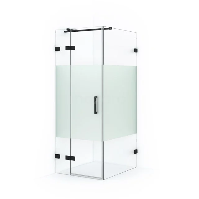 Glas Duschkabine mit Mattglas, eckiges Design, schwarze Scharniere und Haltegriff, ideal für moderne Bäder.