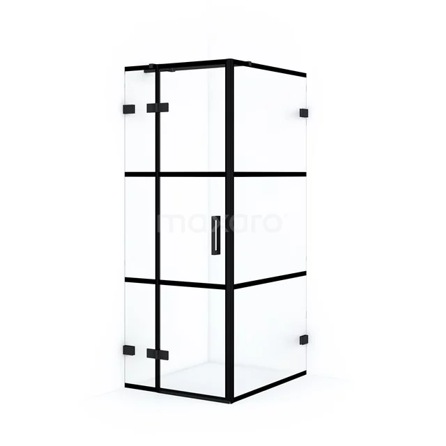 Black industrial shower enclosure with clear glass and metal frame, modern design for a stylish bathroom.