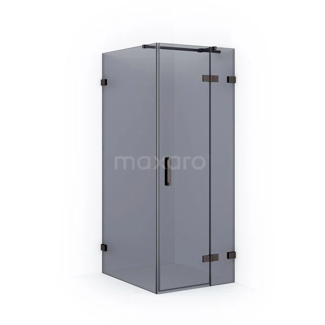 Grey shower enclosure with frosted glass, metal hinges and black metal handle, perfect for a modern bathroom style.