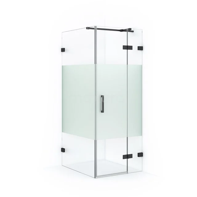Corner shower cabin with clear and frosted glass, black hinges and modern design, ideal for a stylish bathroom.