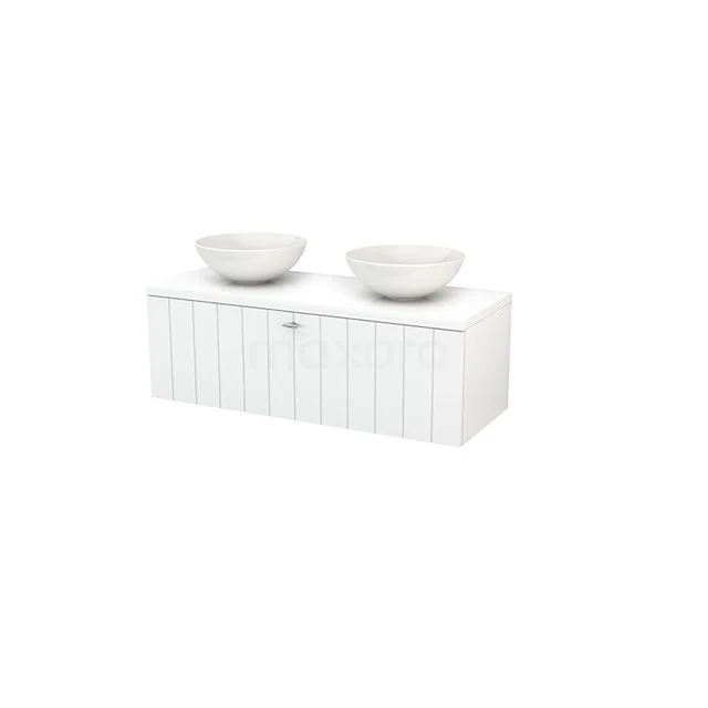 White bathroom unit with double countertop wash basins, vertical lines and modern finish, ideal for stylish bathroom design.