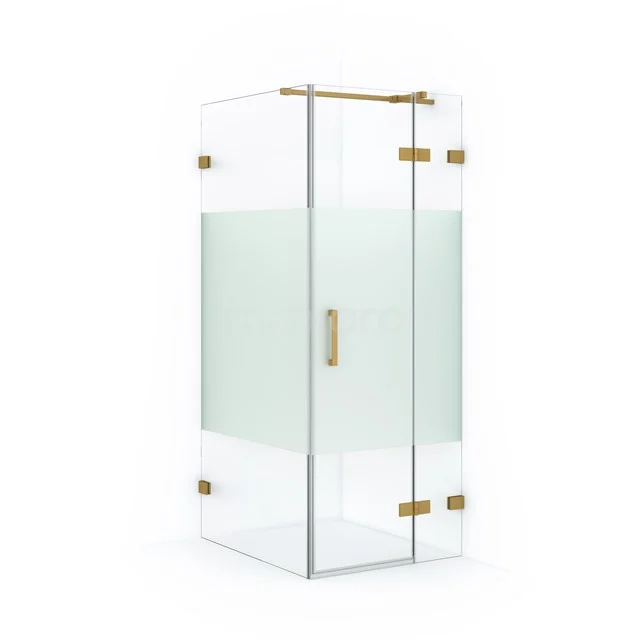 Glass shower enclosure with frosted glass, gold details and corner design, perfect for a modern bathroom.