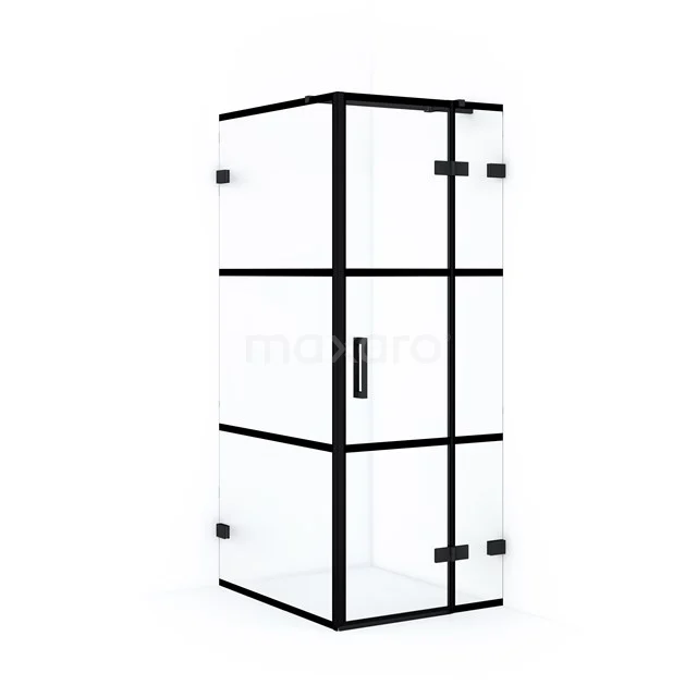 Diamond Shower cabin | 90x80 cm Matte black Clear with 4 black stripes Pivot door Rectangle CDB223509328MB Black steel shower enclosure with glass panels and corner step, industrial design, perfect for modern bathrooms.