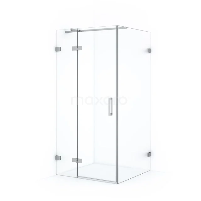 Glass shower enclosure with corner step, metal hinges and modern design, perfect for a stylish bathroom experience.