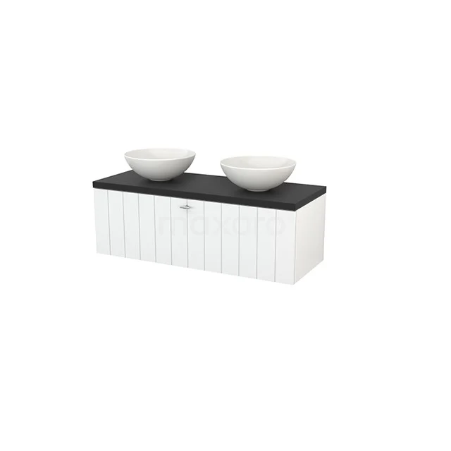 Modulo+ Plato Vanity units for countertop basin | 120 cm High-gloss white Slat front Carbon worktop 1 drawer BMK001458 White double bathroom unit with black top and two round countertop wash basins, ideal for modern bathroom design.