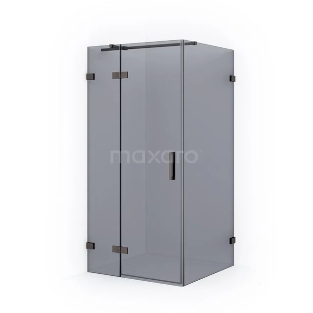 Shower enclosure square, grey glass, frosted black accents, space-saving design for modern bathroom.