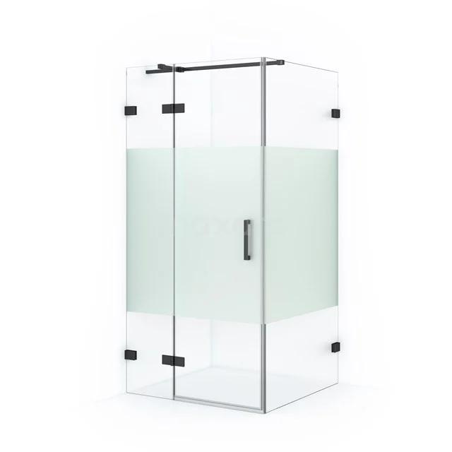 Corner shower cabin with frosted glass, rectangular design, black metal accents, ideal for a modern bathroom.