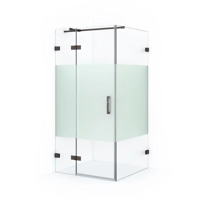 Glas Duschkabine, Eckmodell mit Mattglasstreifen, metallischen Scharnieren und Haltegriff, ideale Ergänzung für moderne Bäder.