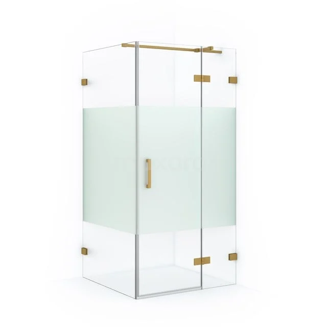 Glas Duschkabine mit matt weißer Mittelstreifen, goldfarbenen Akzenten und modernem Design; perfekt für luxuriöse Badezimmerstile.