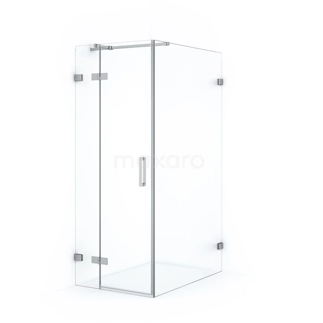 Glass corner shower cabin with stainless steel hinges, minimalist design, ideal for a modern bathroom.