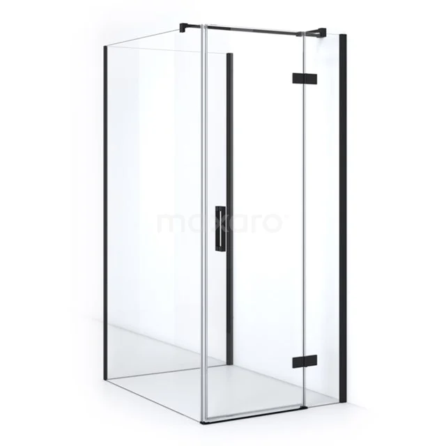 Pearl Shower enclosure | 110x80 cm Matte black Clear glass Pivot door Rectangle CPHV-081153320M Shower enclosure with black frame, corner step, clear glass and minimalist design; ideal for a modern bathroom.