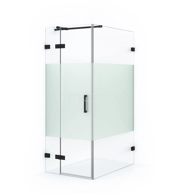 Duschkabine Diamond 110x80cm aus klarem Sicherheitsglas mit Mattstreifen Matt Schwarz CDB213511323MB Eck-Duschkabine mit mattiertem Glas, silberfarbenen Profilen und schwarzen Metallscharnieren, ideal für moderne Bäder.