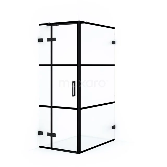 Black corner shower cabin with industrial matte black profiles and clear glass, ideal for a modern bathroom style.