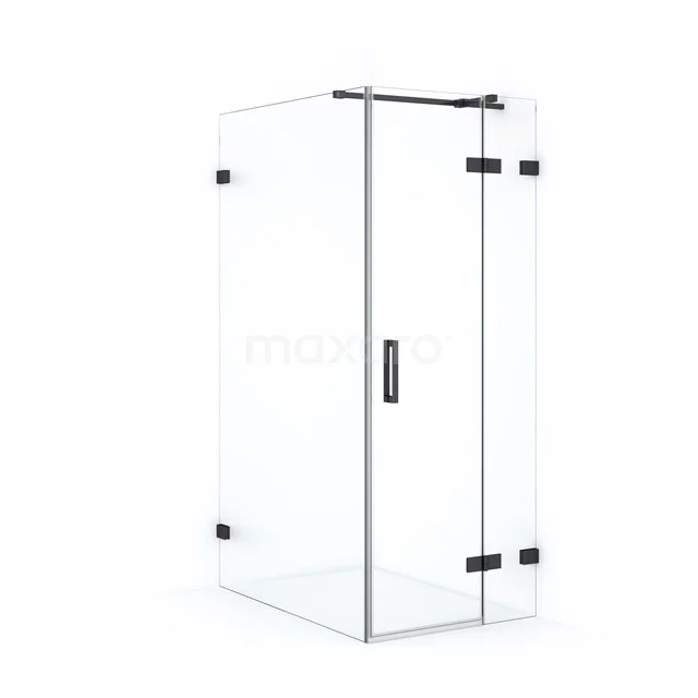 Diamond Duschkabine | 110x80 cm Schwarzchrom Drehtür Rechteck CDB223511320BC Glasene Eck-Duschkabine mit schwarzen Metallscharnieren und minimalistischem Design, perfekt für ein modernes Badezimmer.