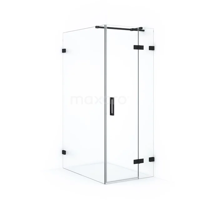 Glass shower enclosure with corner step, black metal hinges and Handle, modern design for a stylish bathroom.