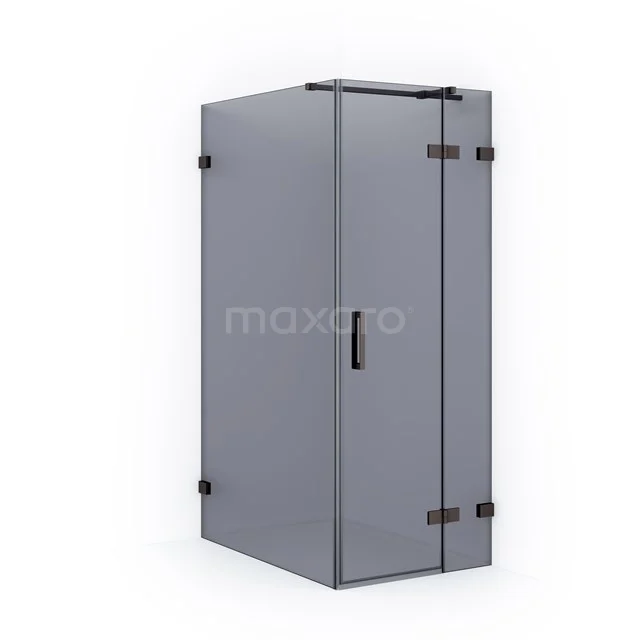 Grey glass shower enclosure with black hinges and Handle, modern design for luxury bathroom fittings.