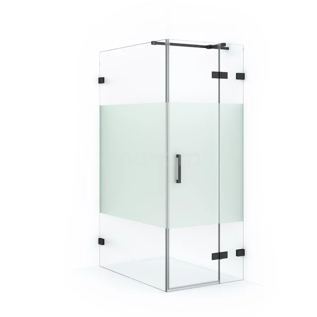 Corner shower cabin with clear and frosted glass, black metal hinges, modern design. Perfect for a stylish bathroom.