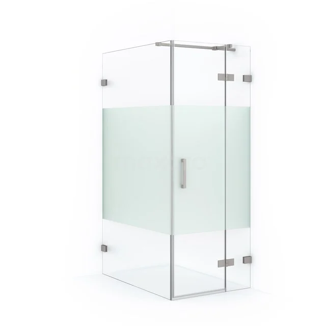Glass shower enclosure with frosted glass strip, corner model, stainless steel details, ideal for a modern bathroom.