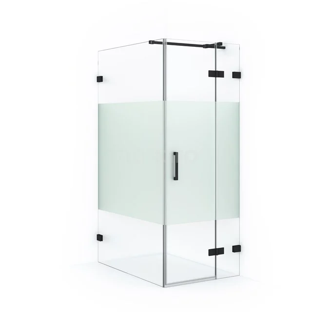 Shower enclosure corner model, clear glass with frosted white band, black metal hinges, ideal for a stylish bathroom.